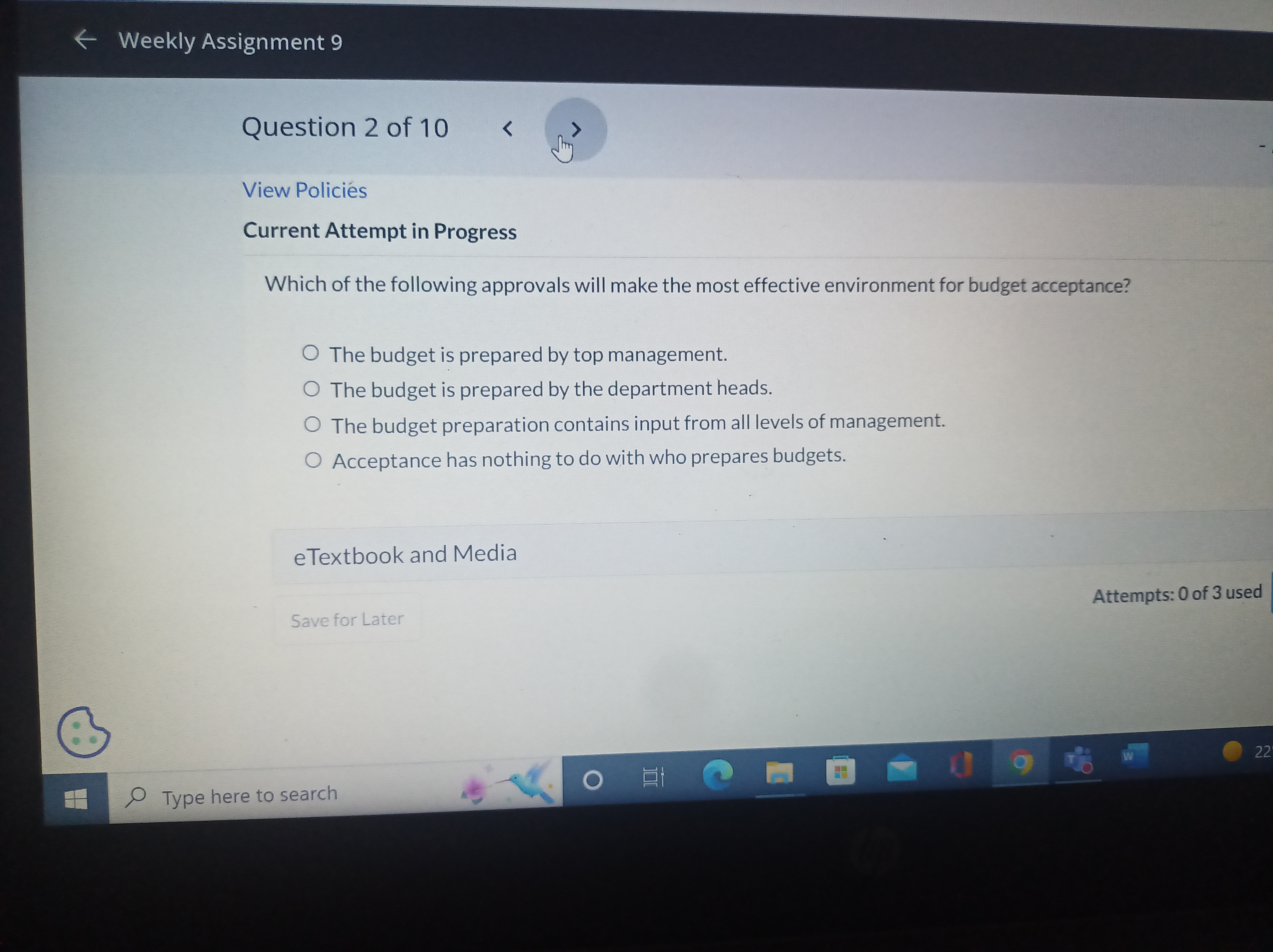 Progress What is "budgetary slack"? -11 O It is the rocess whereby