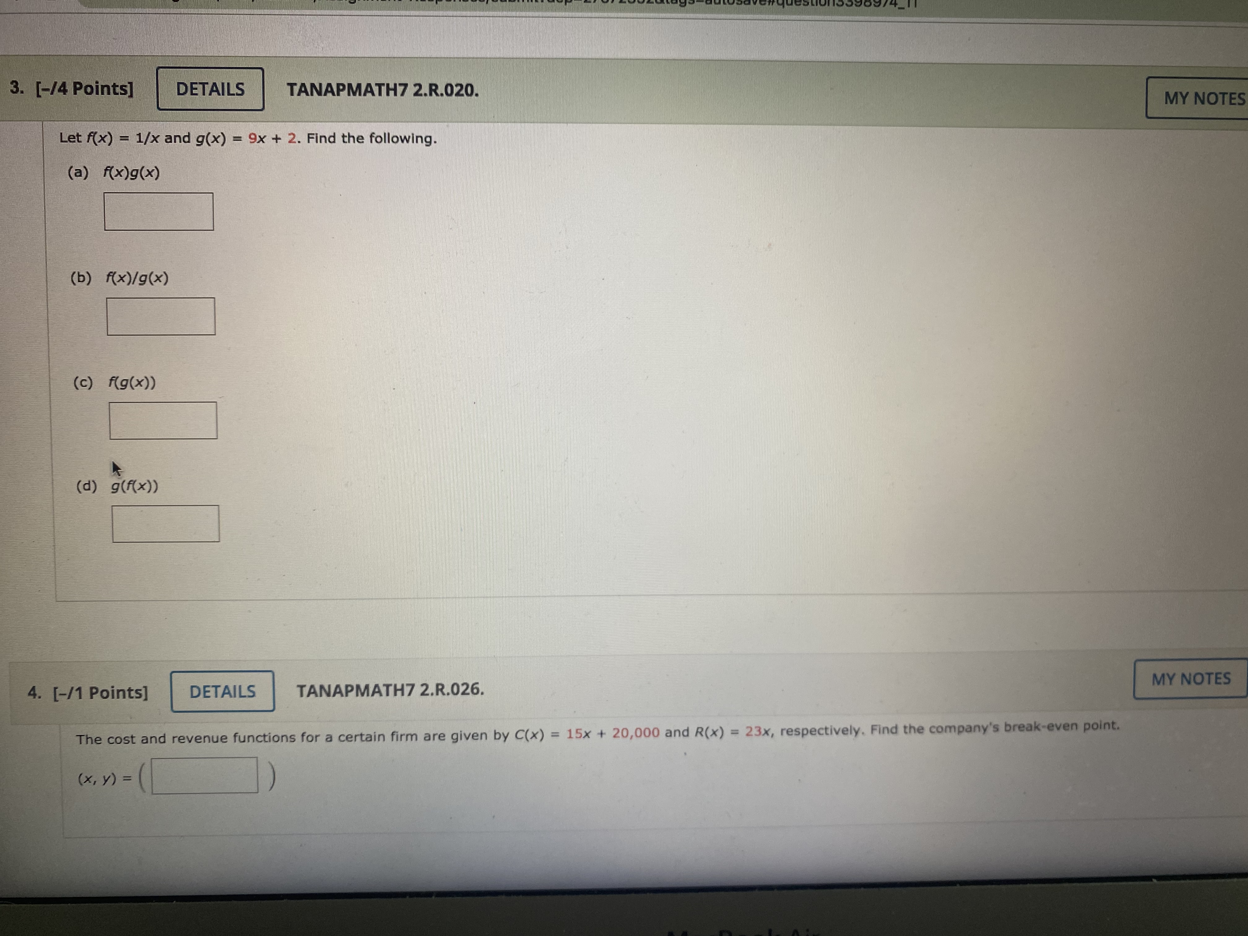 f(x) = 1/x and g(x) = 9x + 2. Find the following.