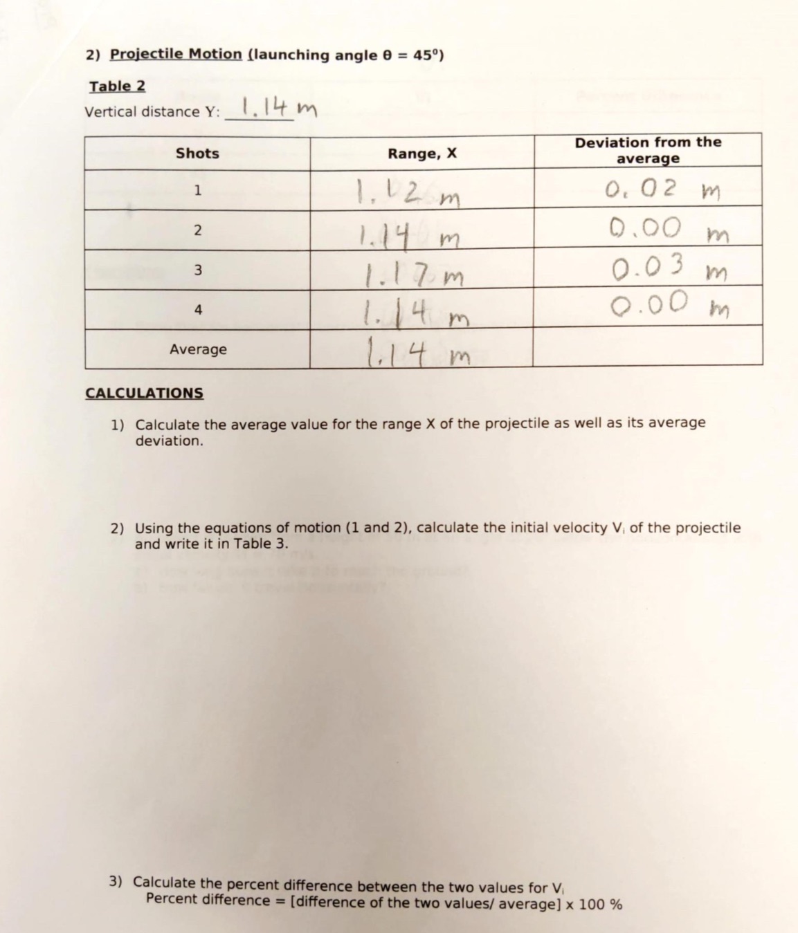 2) Projectile Motion (launching angle 0 = 45) Table 2 Vertical