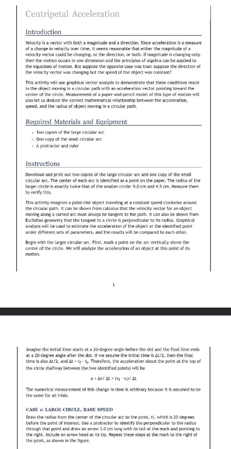 Only the introduction, materials method and procedures Centripetal Acceleration Introduction Velocity is