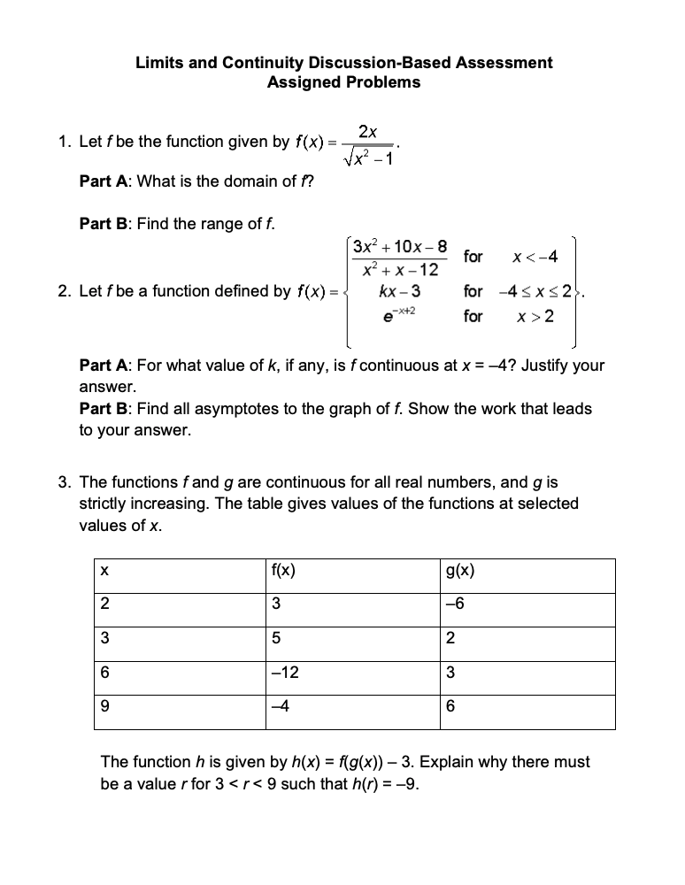  Limits and Continuity Discussion-Based Assessment Assigned Problems 1. Let f be