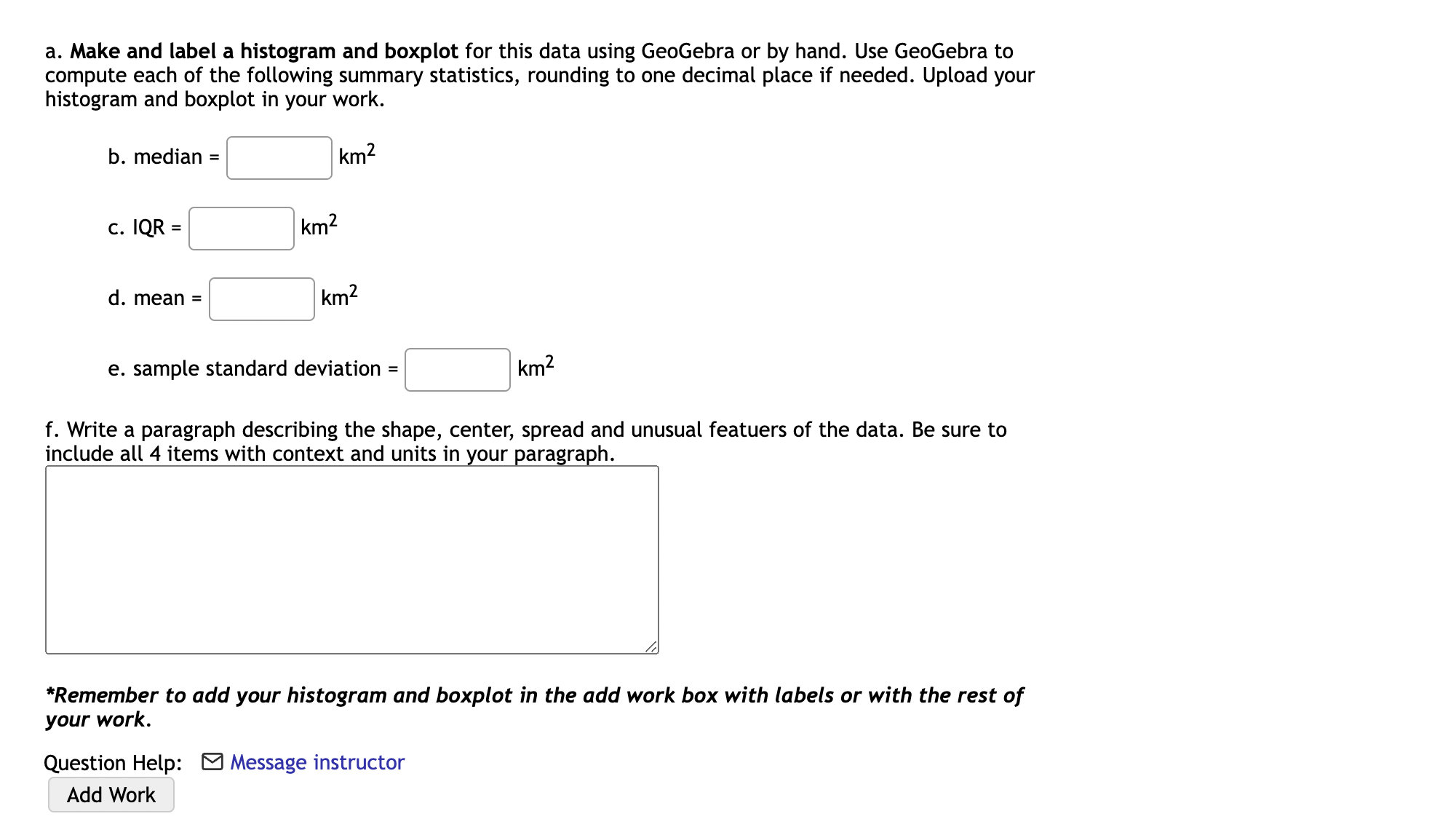 deviation = C] km2 f. Write a paragraph describing the shape, center,