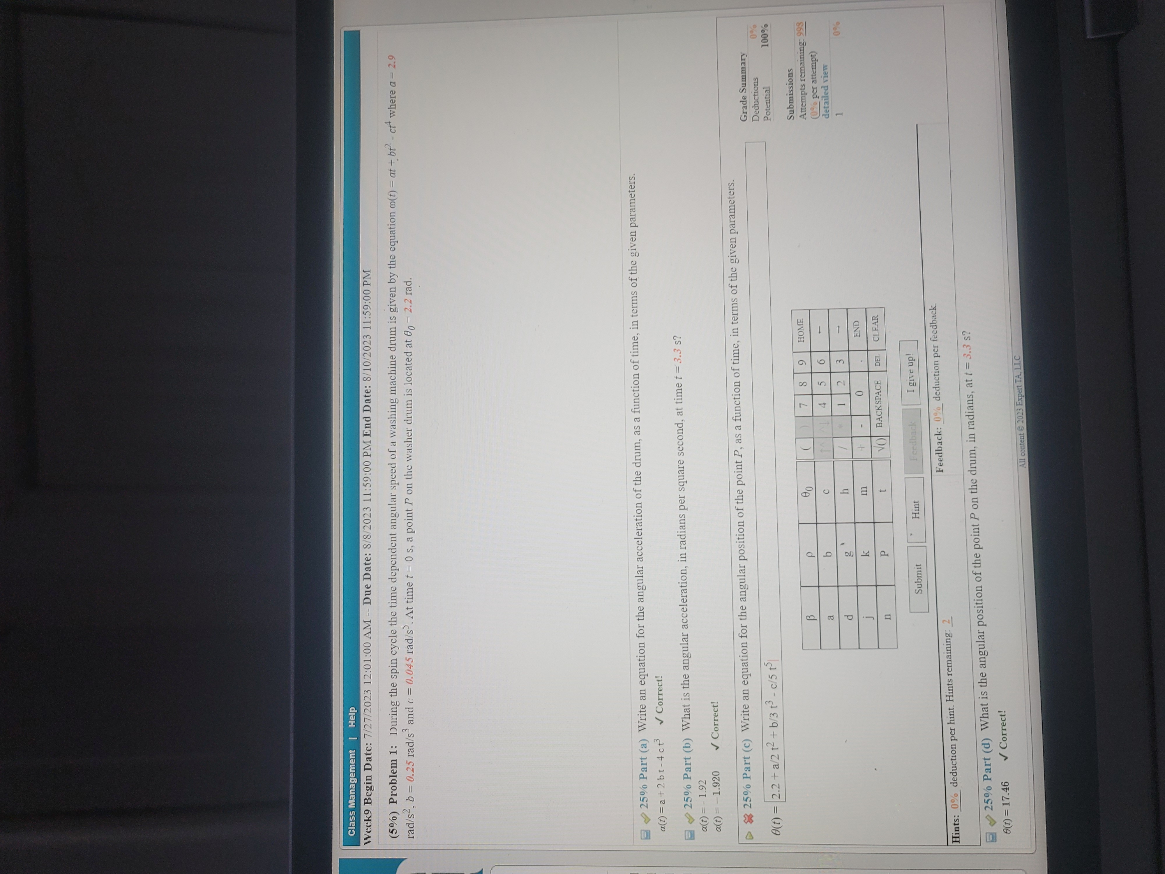 bt - of where a = 2.9 rad/s2, b = 0.25 rad/s'