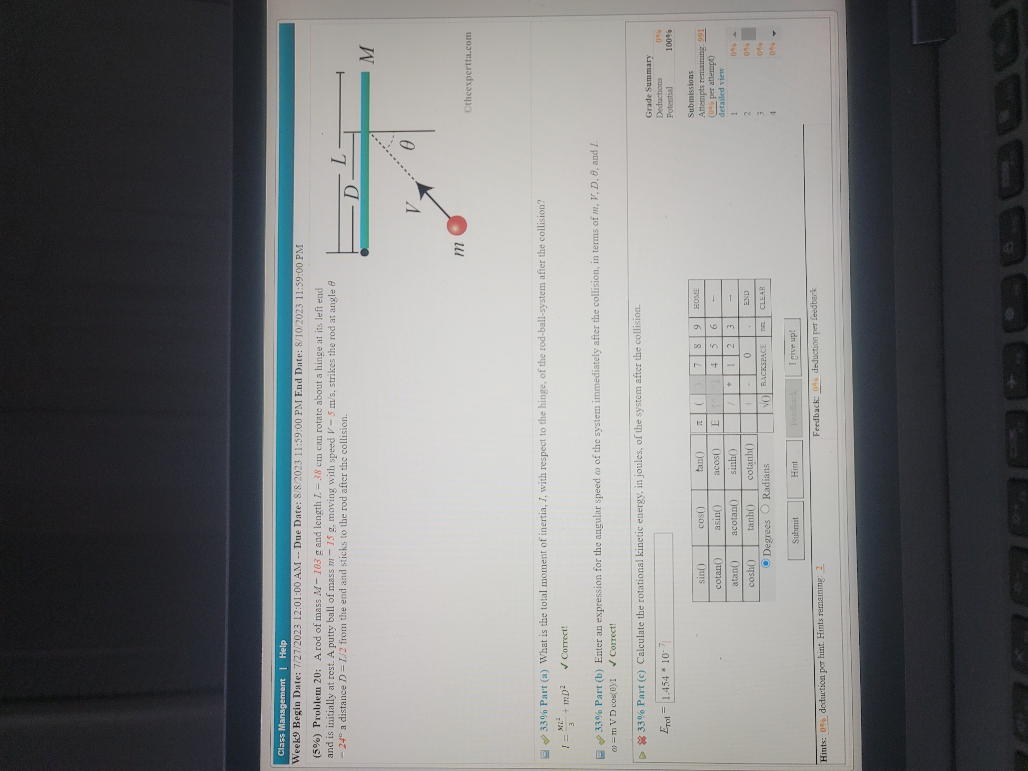 and c = 0.045 rad/s . At time t = 0 s,