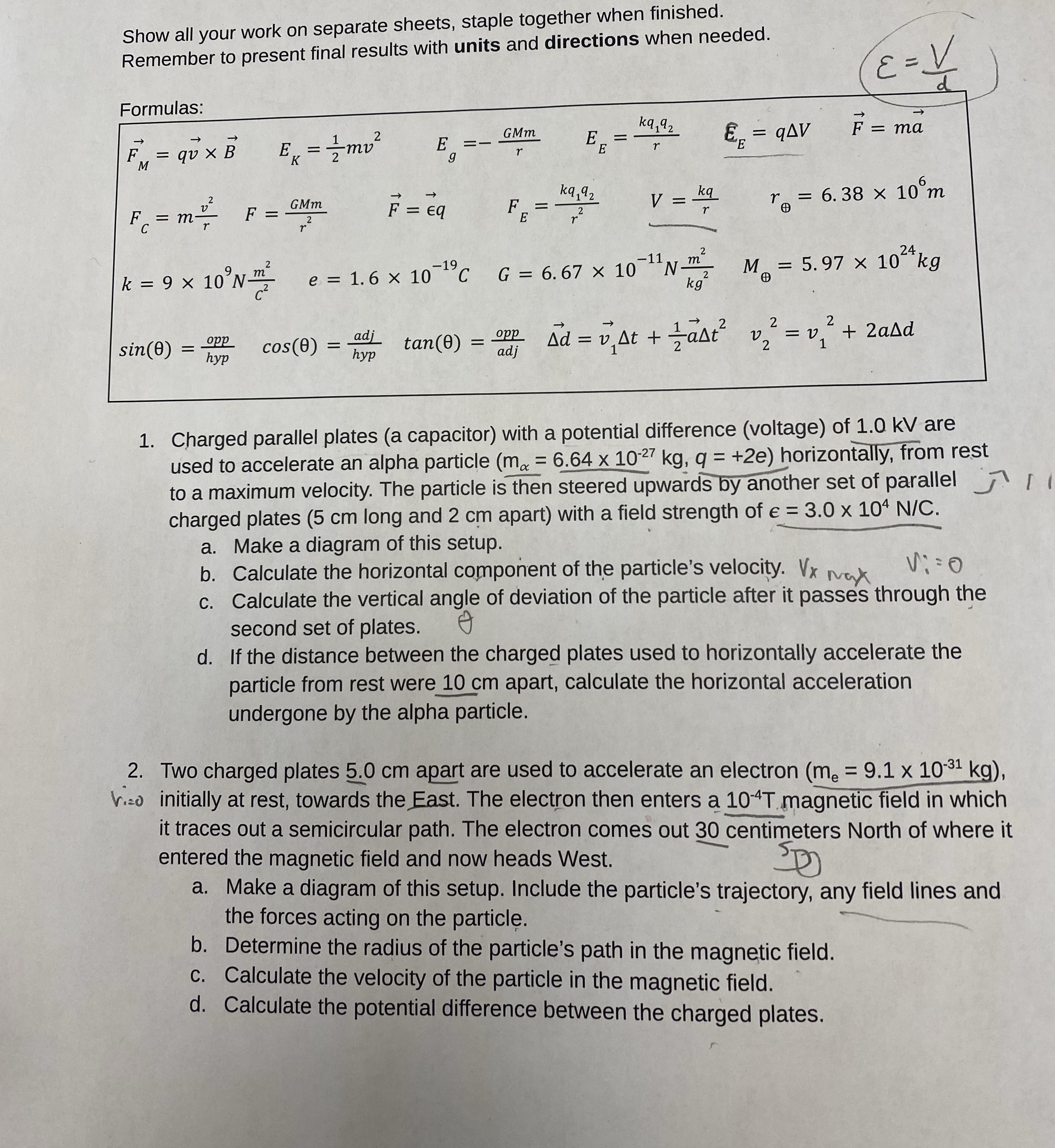 Question 1 bcd and 2 bcd, grade 12 physics fields unit, Don't