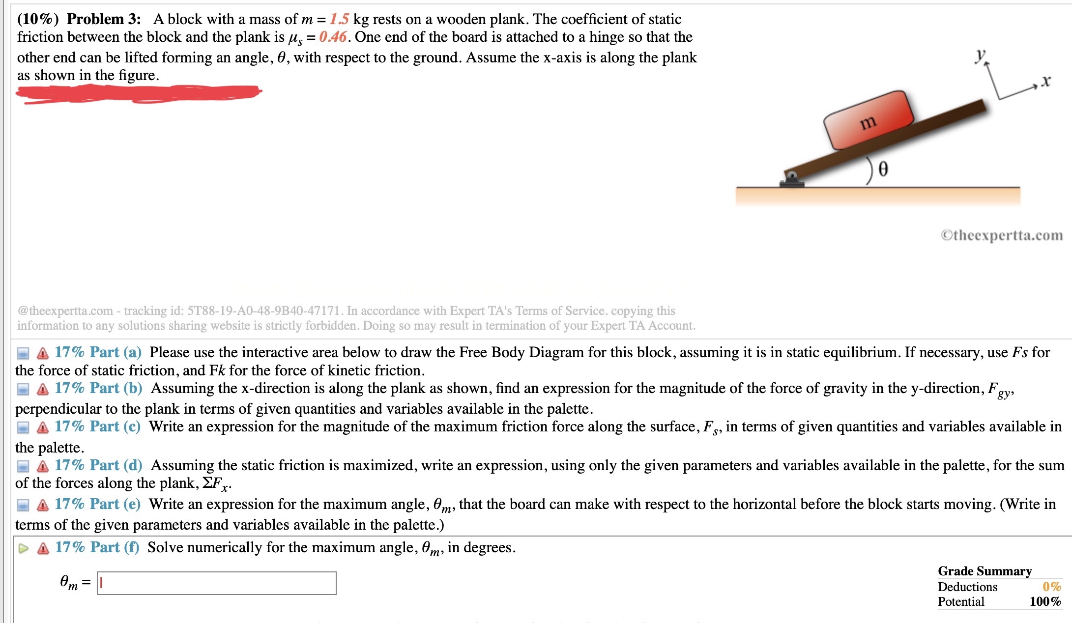 Please answer a-f. (10%) Problem 3: A block with a mass of
