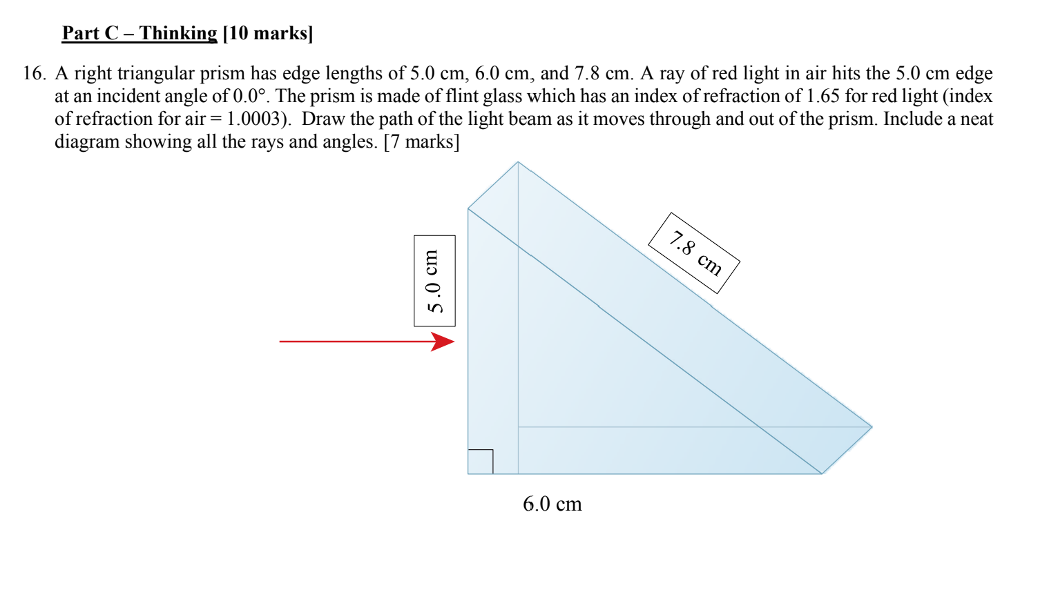 edge lengths of 5.0 cm, 6.0 cm, and 7.8 cm. A ray