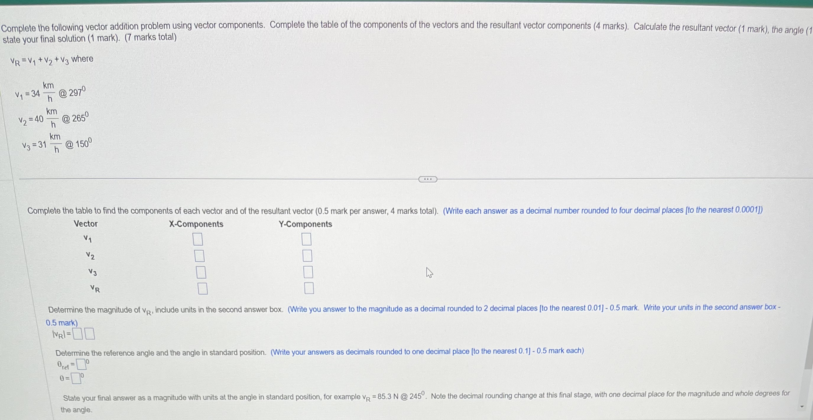 table of the components of the vectors and the resultant vector components.