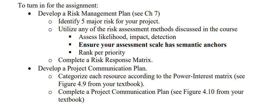 To turn in for the assignment: 0 Develop a Risk Management