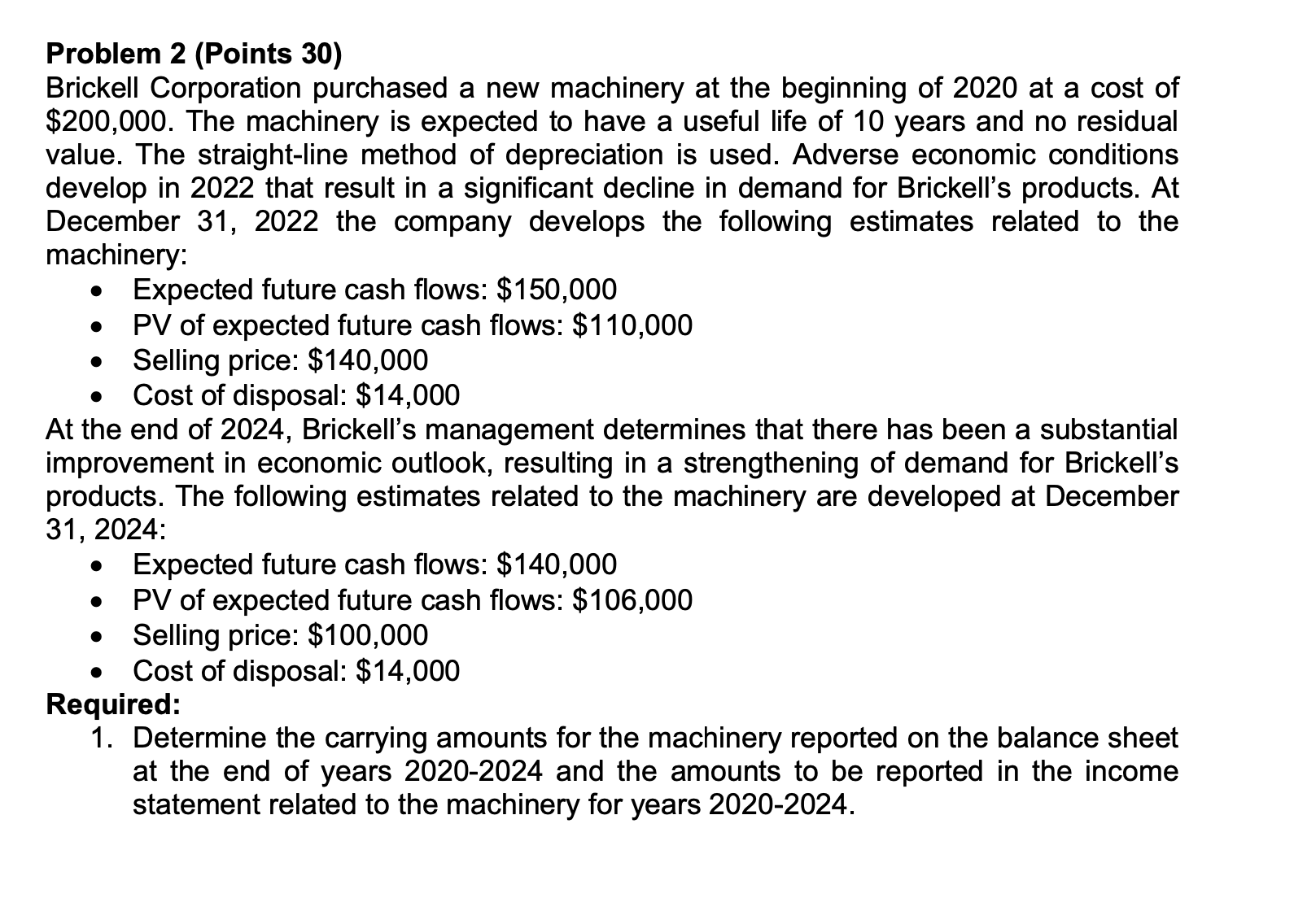 Question Below: Please solve Problem 2 (Points 30) Brickell Corporation purchased a