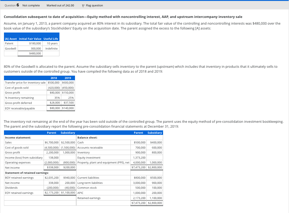 2013, a parent company acquired an 80% interest in its subsidiary. The