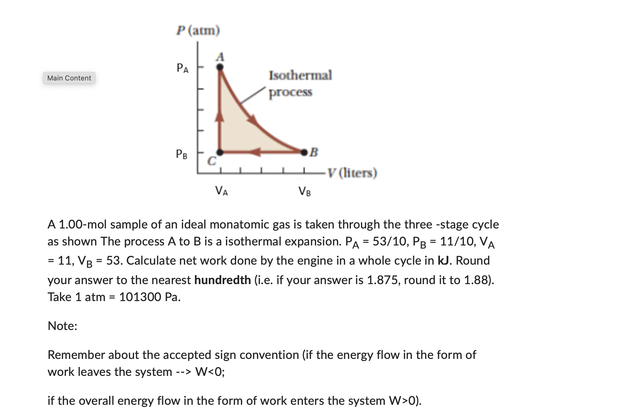  P(atm) PA Main Content Isothermal process PB DB C V (liters)