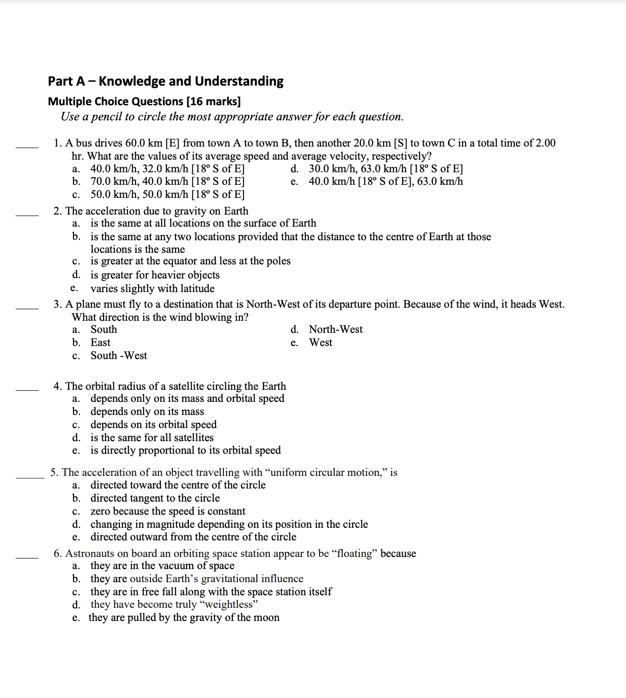  Part A - Knowledge and Understanding Multiple Choice Questions [16 marks]