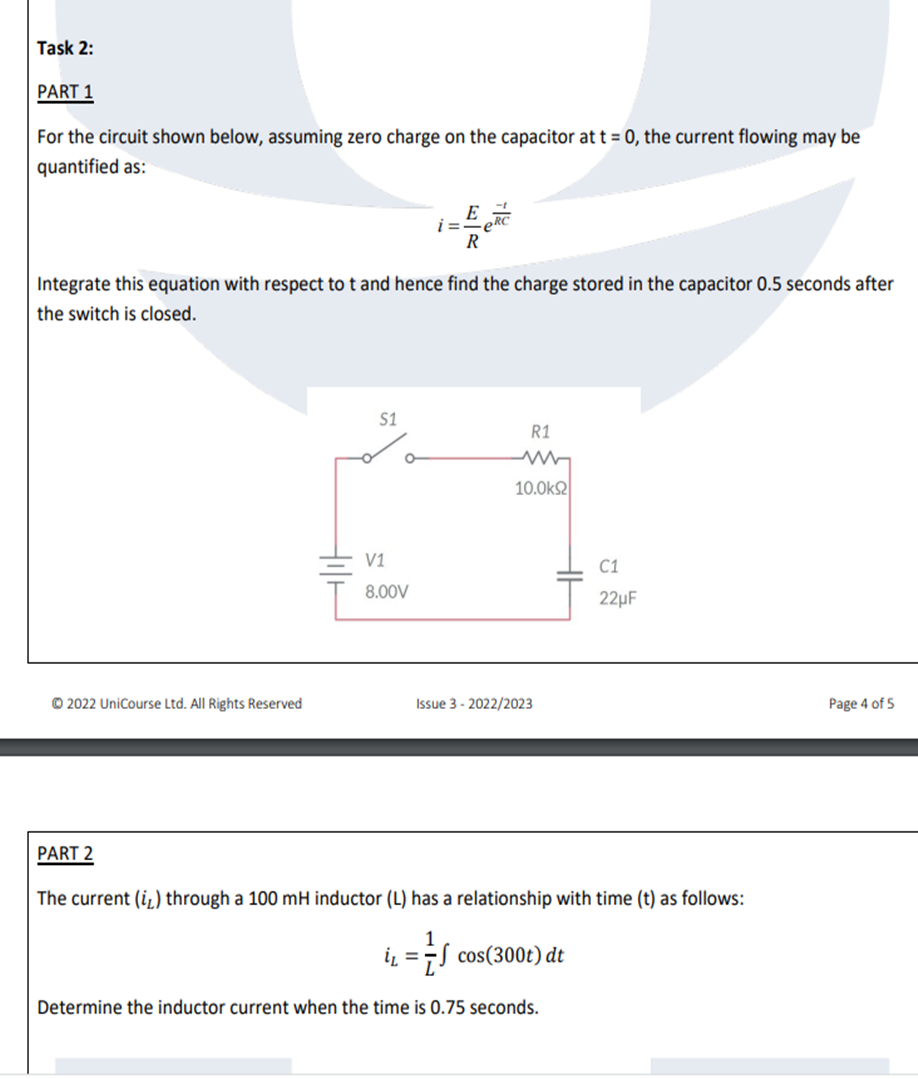  Task 2: PART 1 For the circuit shown below, assuming zero