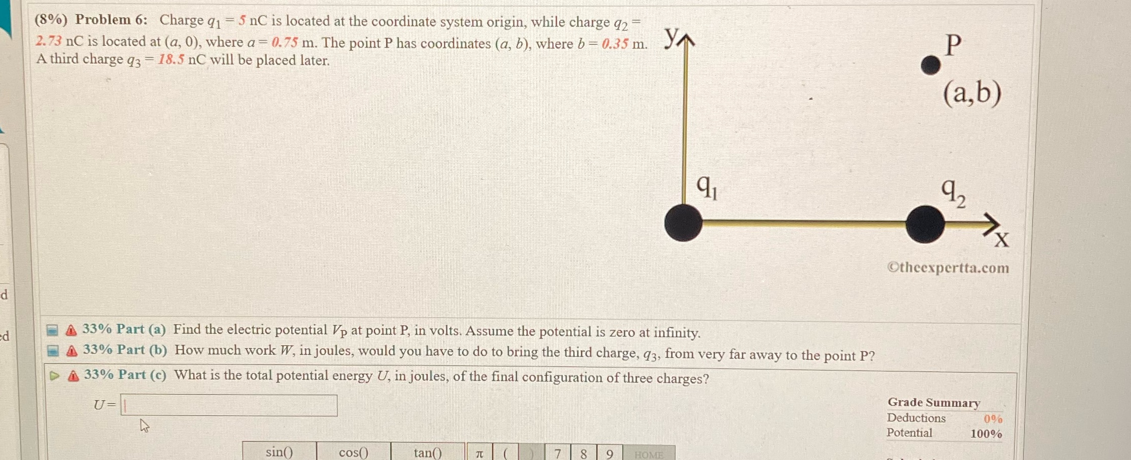  (8%) Problem 6: Charge q1 = 5 nC is located at