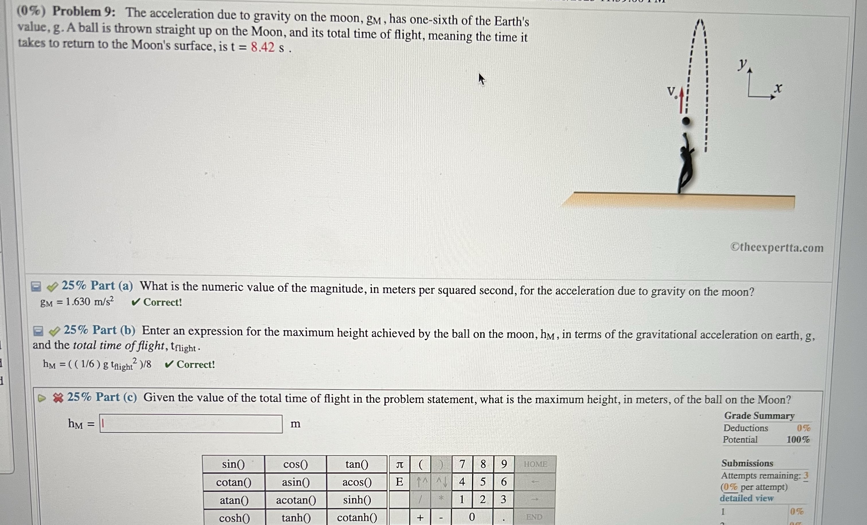 Help me solve ! Part c (0%) Problem 9: The acceleration due