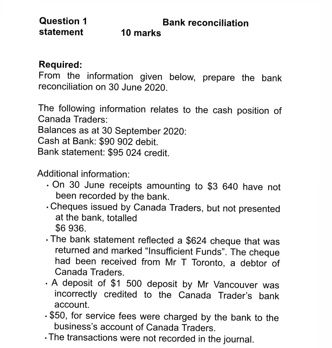 given below, prepare the bank reconciliation on 30 June 2020. The following