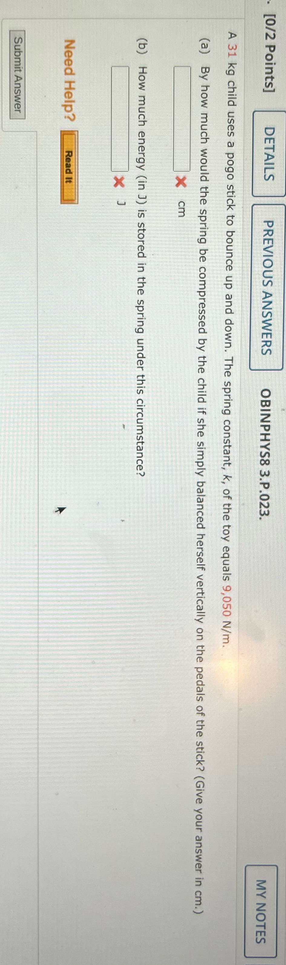  [0/2 Points] DETAILS PREVIOUS ANSWERS OBINPHYS8 3.P.023. MY NOTES A 31
