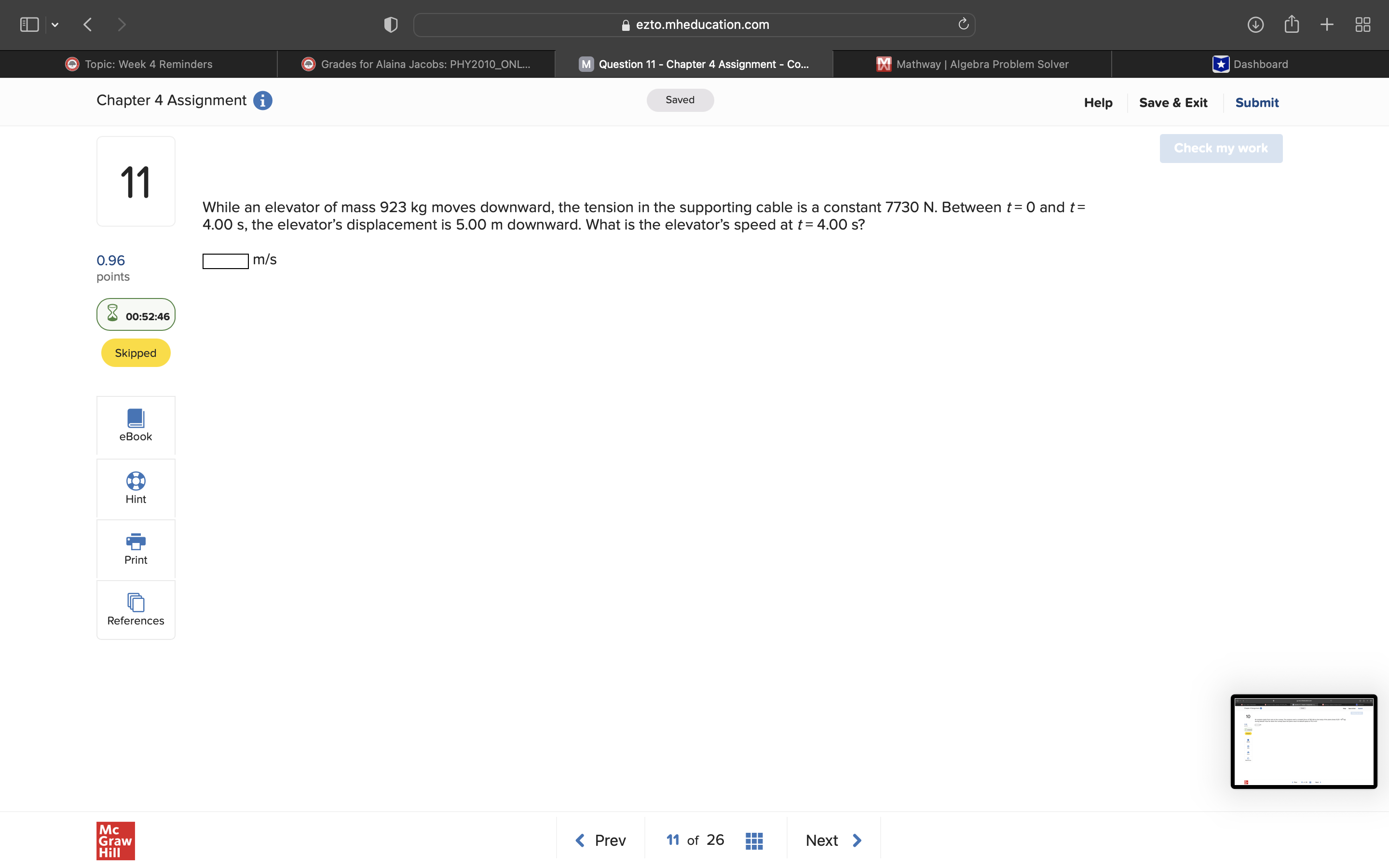 Graw Hill ezto.mheducation.com Fi i :0 limit , Ml Question 11 -
