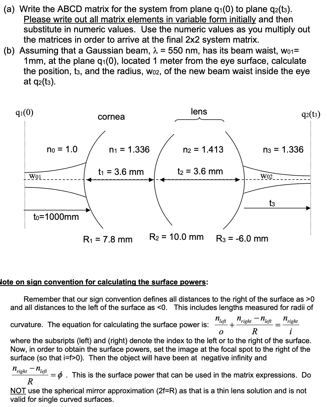  (a) Write the ABCD matrix for the system from plane q1(0)
