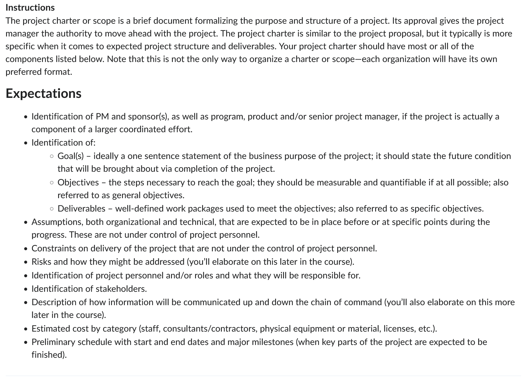 Instructions The project charter or scope is a brief document formalizing