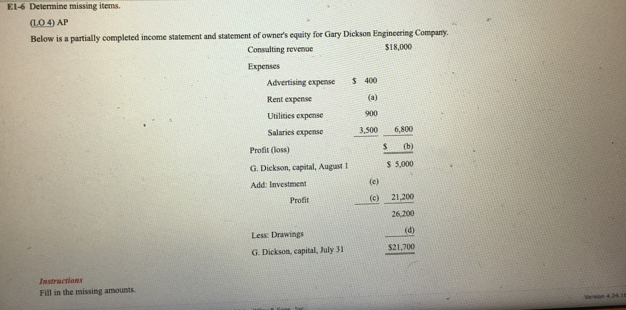 ----------------------------------------- El-6 Determine missing items. (LO 4) AP Below is a partially