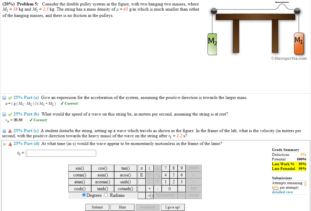  (20%} Problem 5: Consider the double pulley system in the figure=