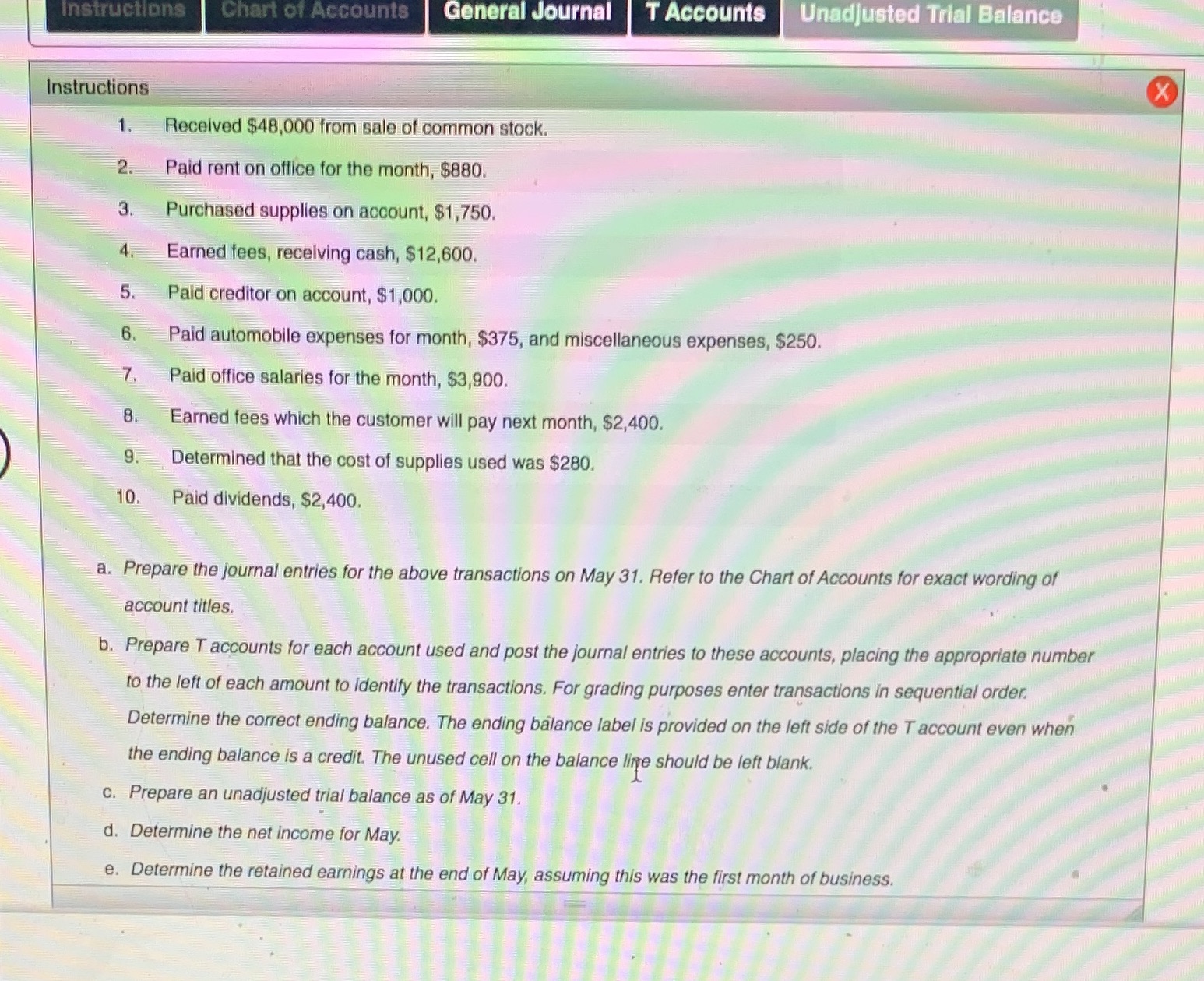 I need help on A through E Instructions Chart of Accounts General
