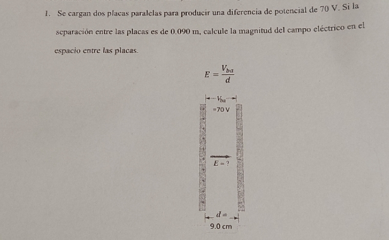 Two parallel plates are charged to produce a potential difference of 70