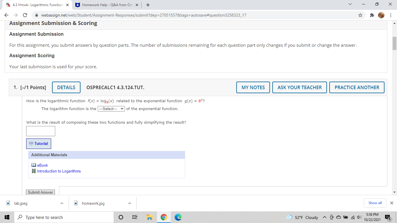  VA 4.3 Hmwk- Logarithmic Function: X *Homework Help - Q&LA from