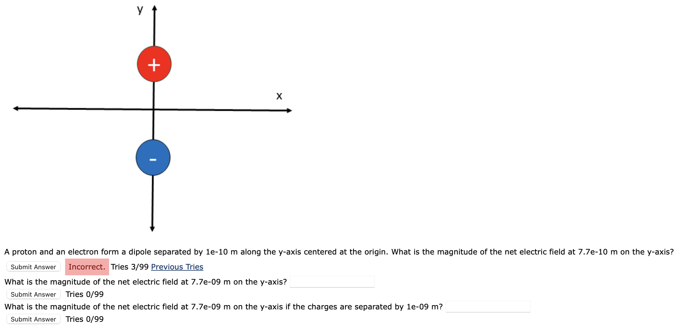 separated by le-10 m along the y-axis centered at the origin. What