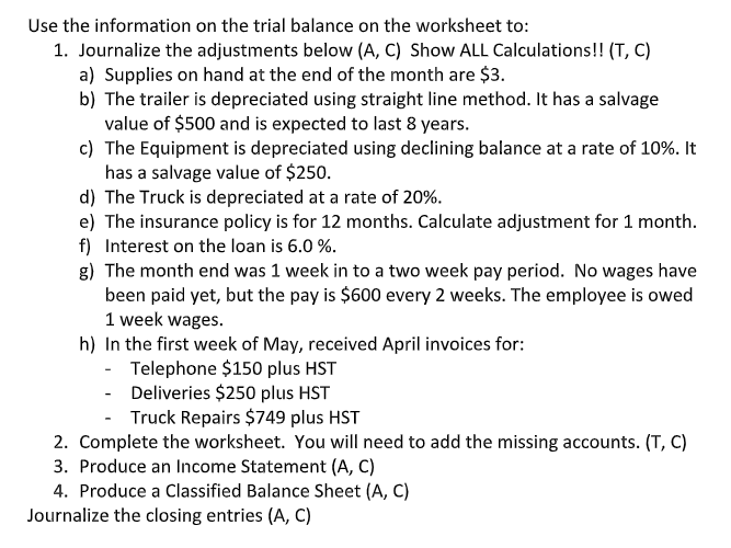 the trial balance on the worksheet to: 1. Journalize the adjustments below