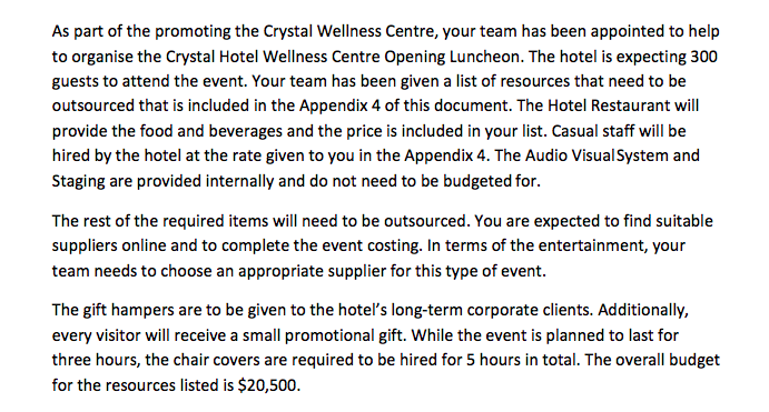 Crystal Wellness Centre, your team has been appointed to help to organise