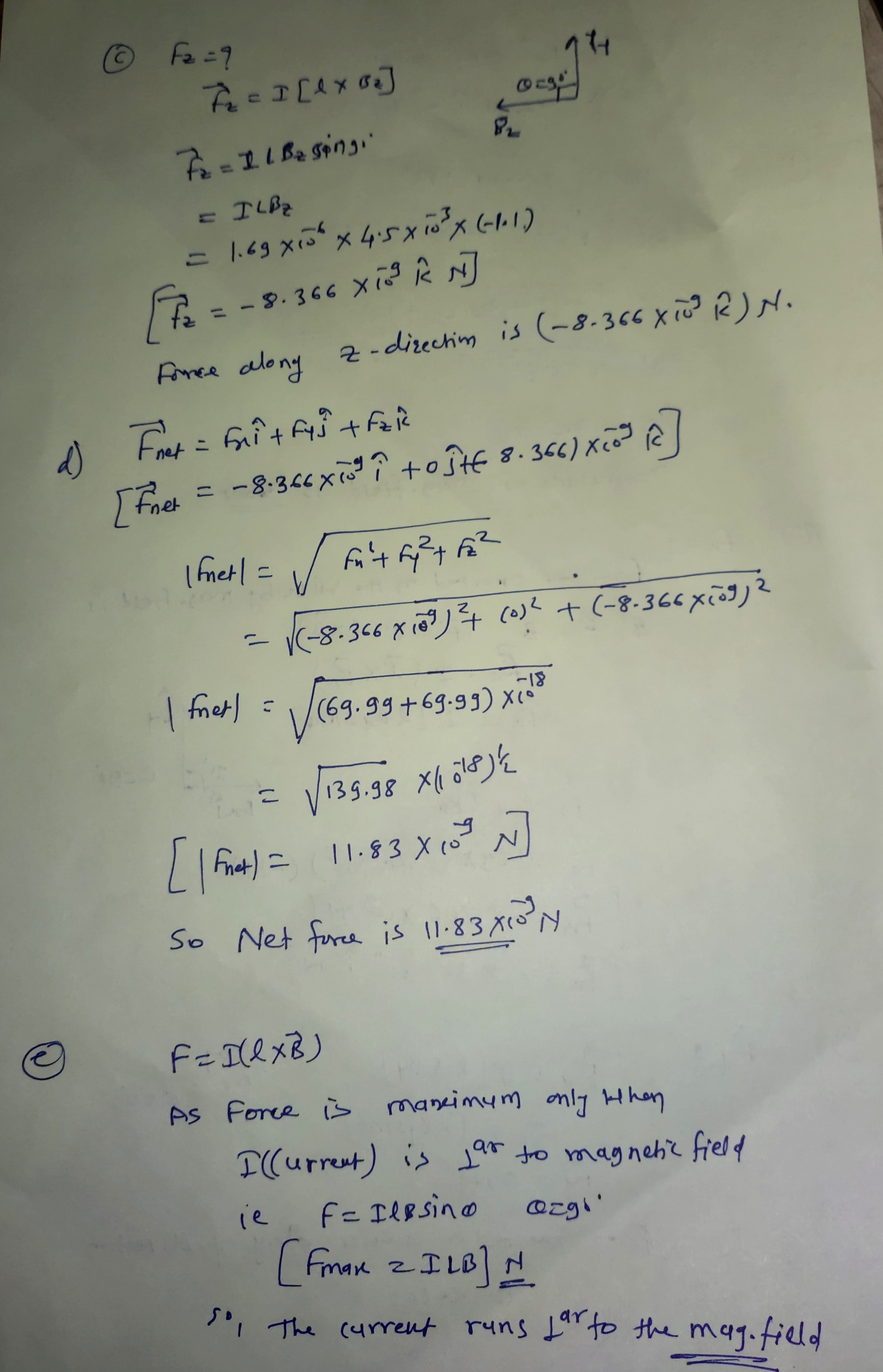 x component of the magnetic force, in newtons, exerted on the wire