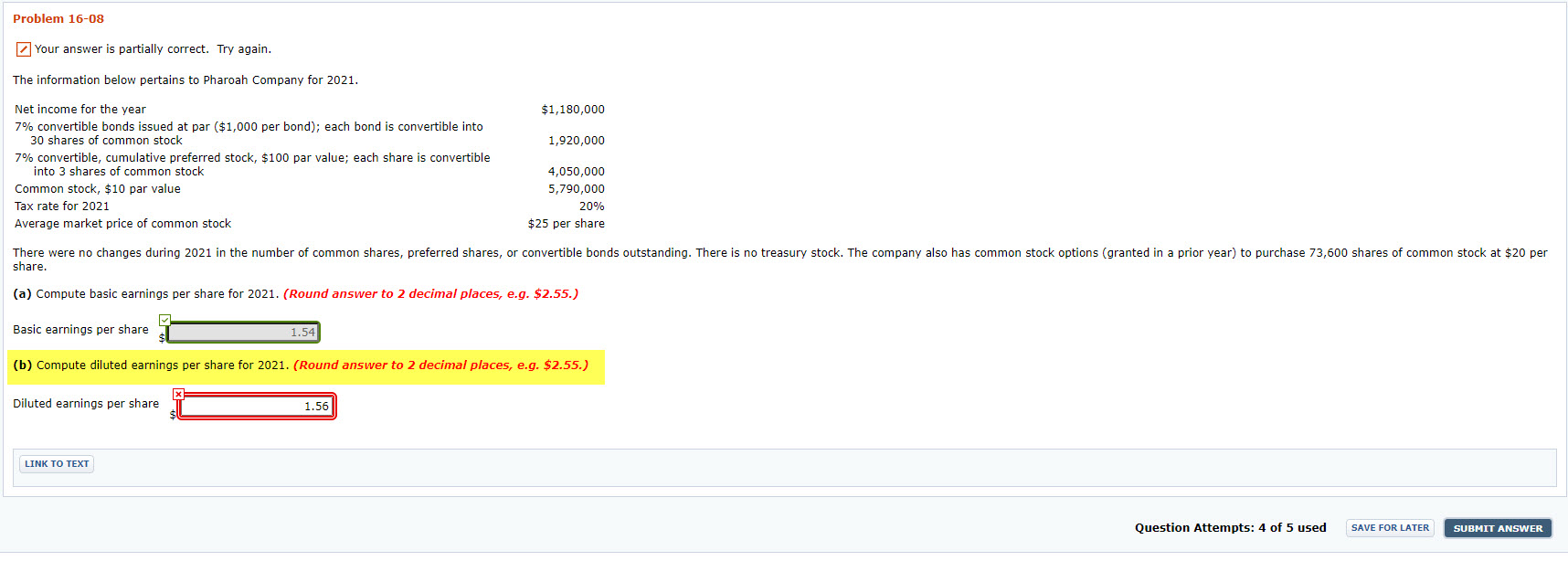  Problem 16-08 Your answer is partially correct. Try again. The information