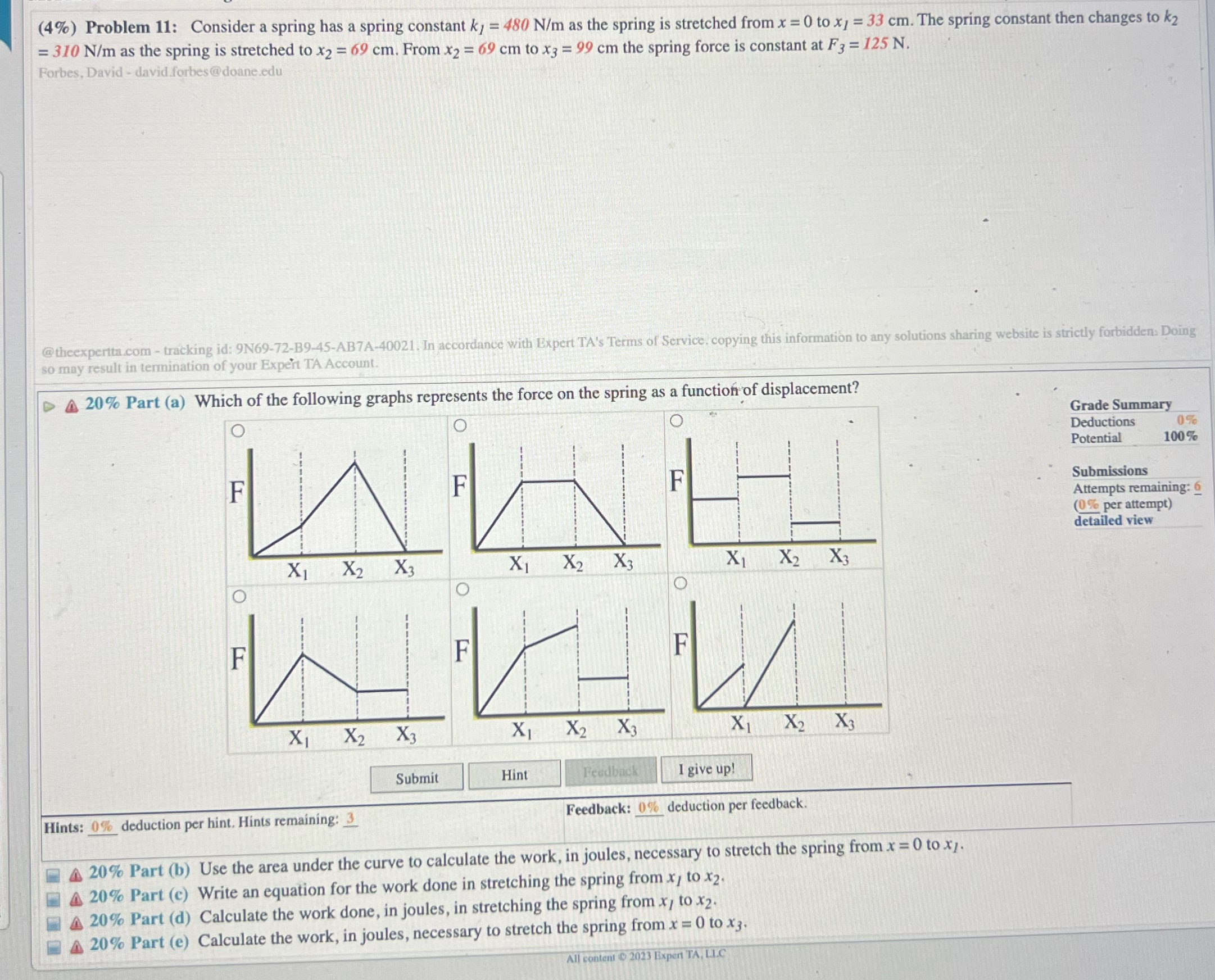 #11answer all parts please a-e (4%) Problem 11: Consider a spring has