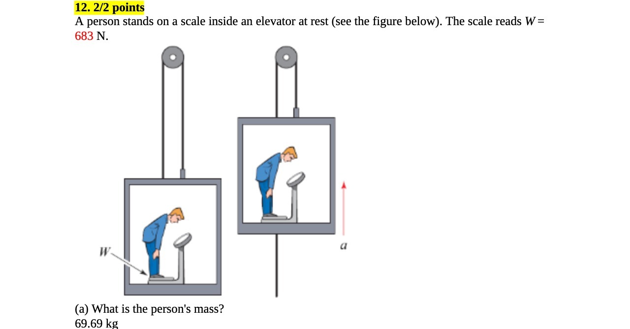 elevator at rest (see the figure below). The scale reads W =