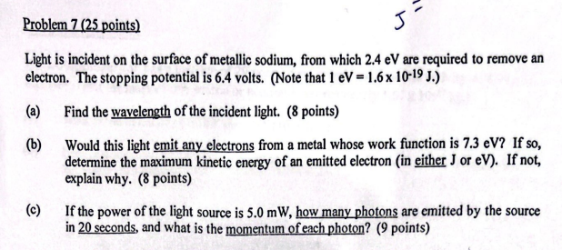 J Light is incident on the surface of metallic sodium, from which