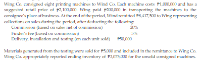 Wing Co. consigned eight printing machines to Wind Co. Each machine