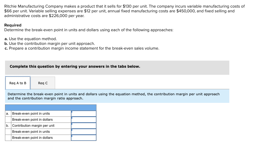 are $12 per unit, annual xed manufacturing costs are $450,000, and xed