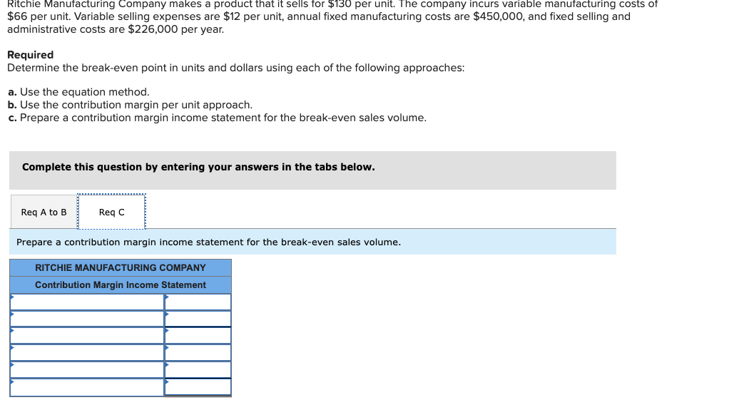 selling and administrative costs are $226,000 per year. Required Determine the break-even