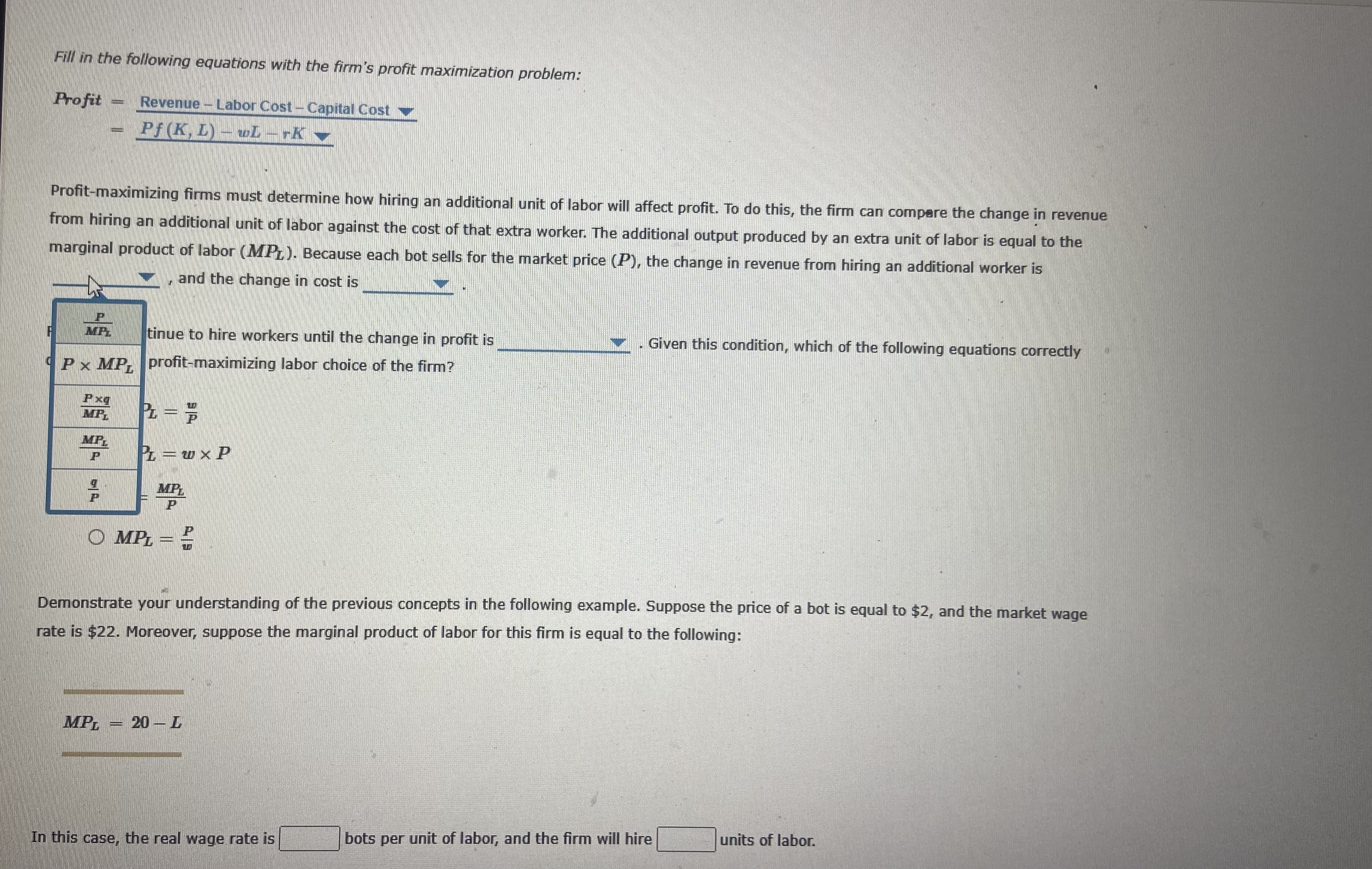 profit given the price of bots, the wage rate, the rental rate