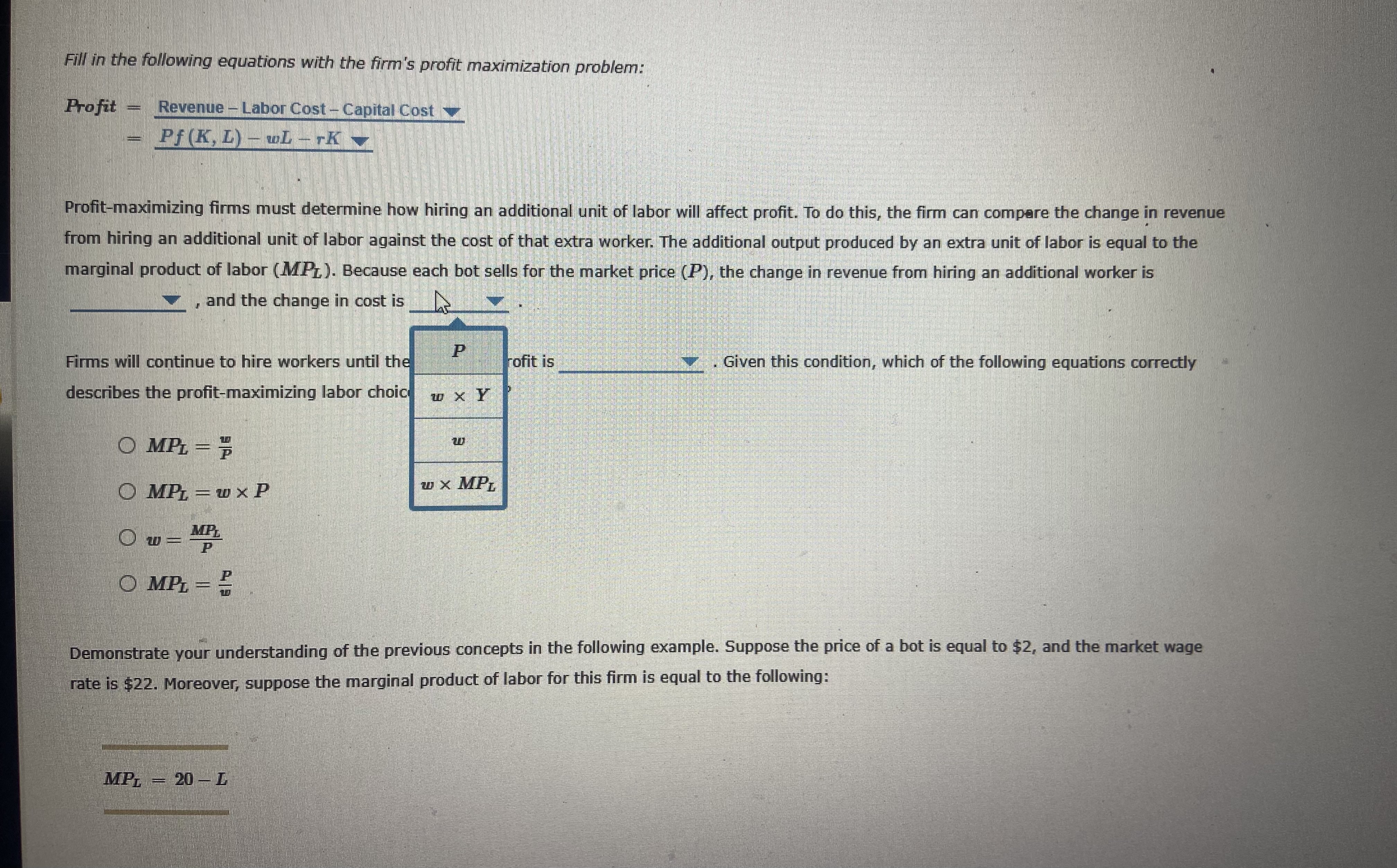 of capital, and production technology by choosing its labor and capital inputs.