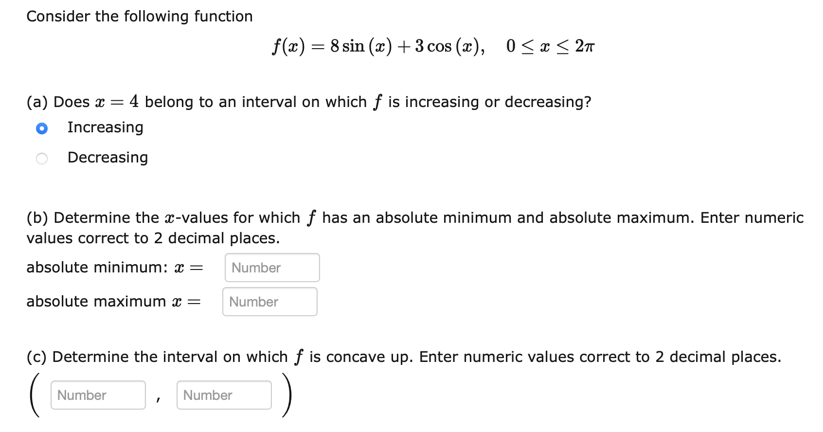 Does c = 4 belong to an interval on which f is