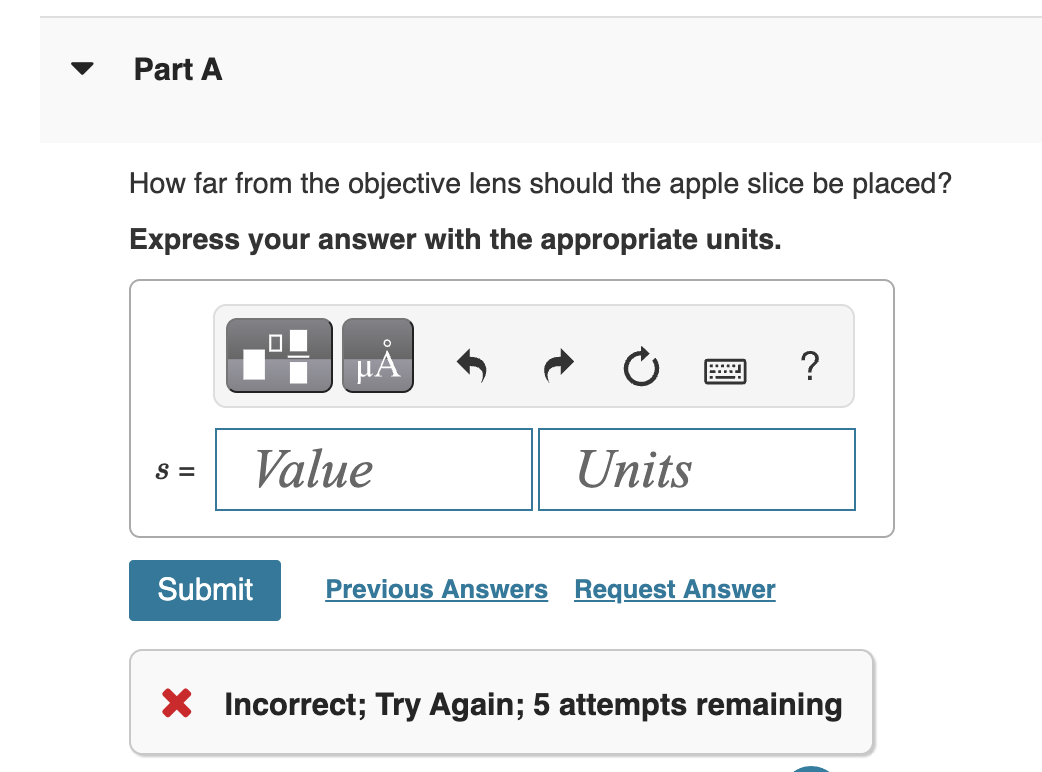 answer with the appropriate units. 0 ? S= Value Units Submit Previous