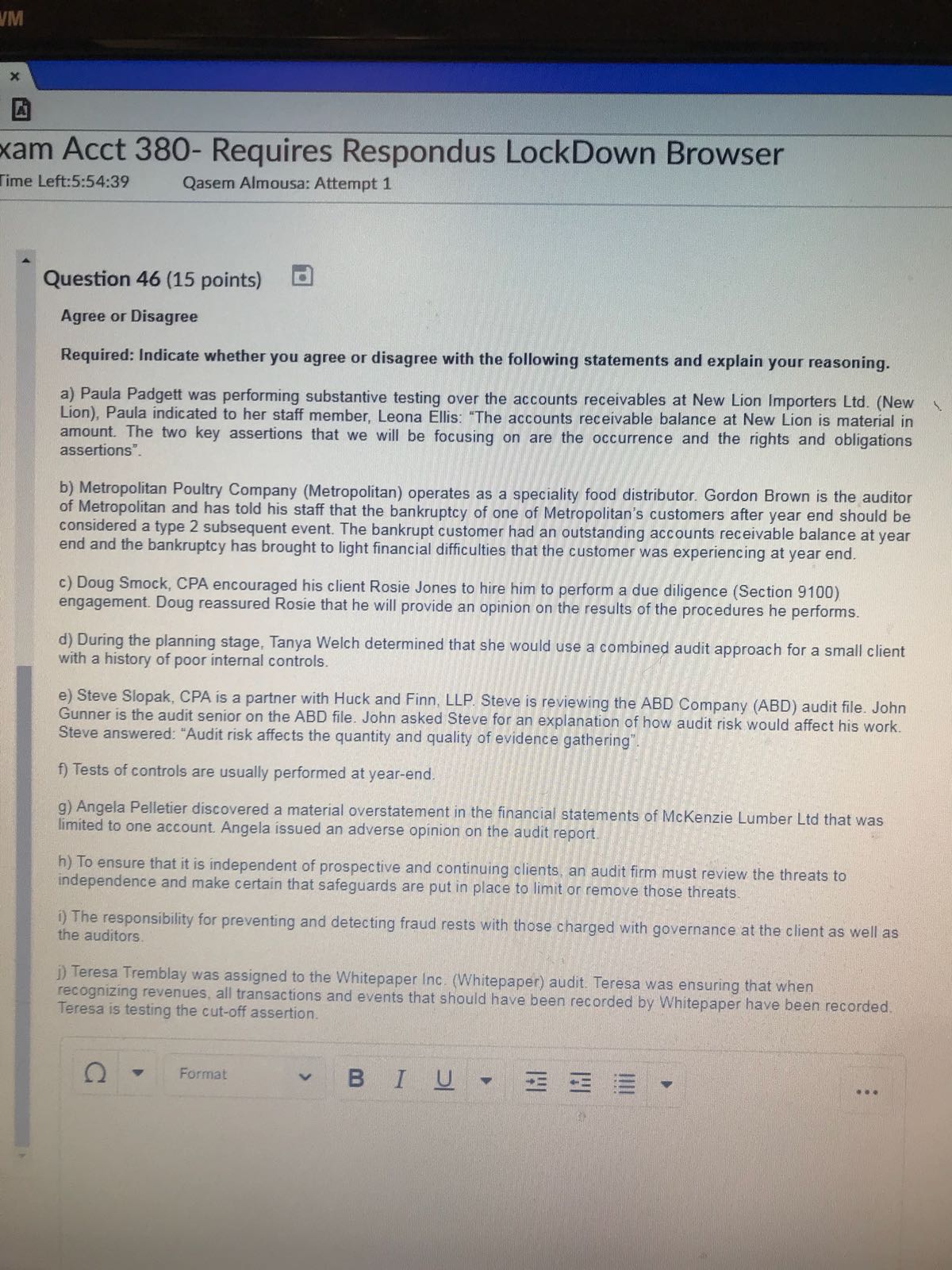  IM * xam Acct 380- Requires Respondus LockDown Browser ime Left:5:54:39