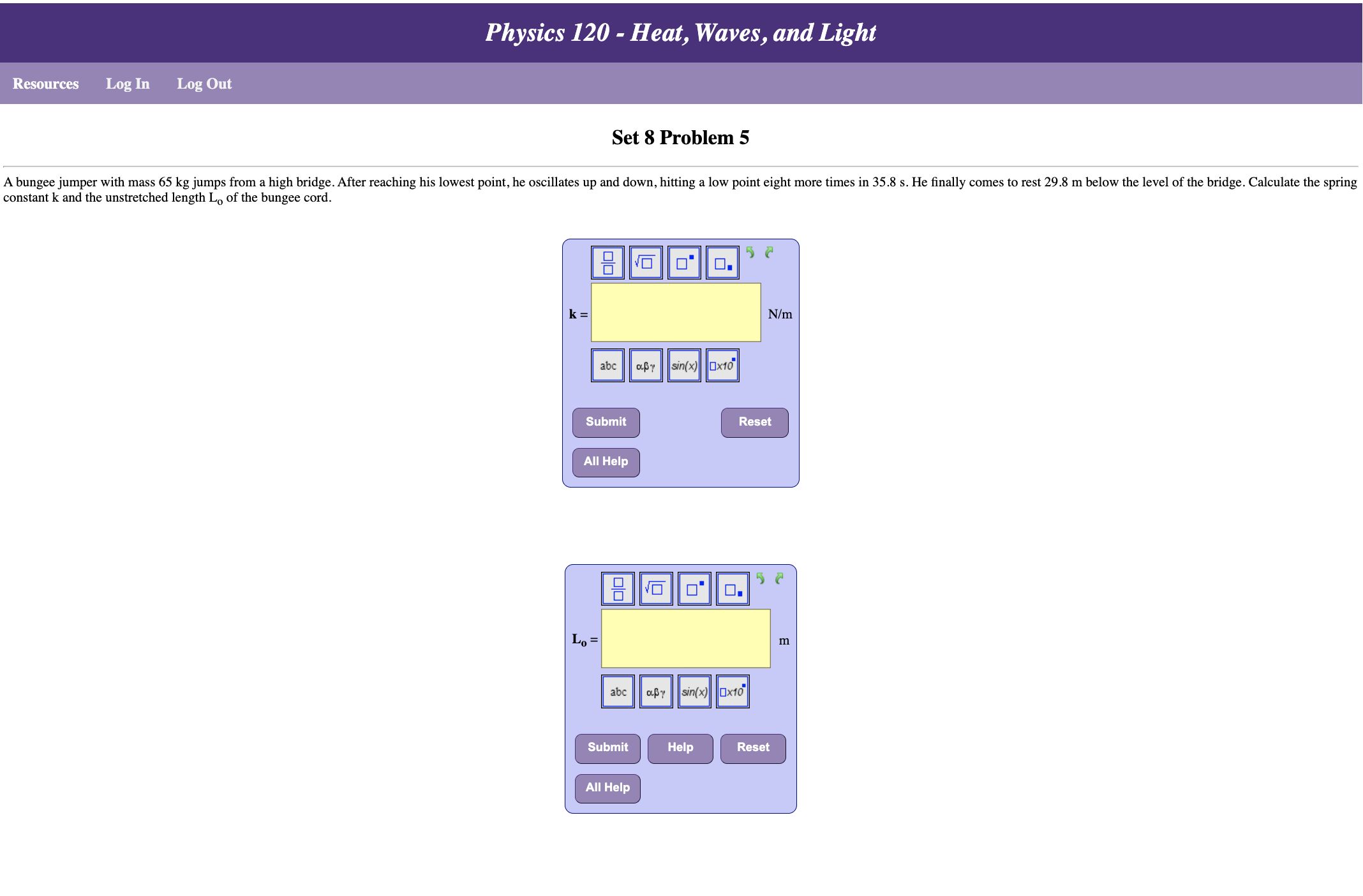 Physics 120 - Heat, Waves, and Light Resources LogIn Log Out