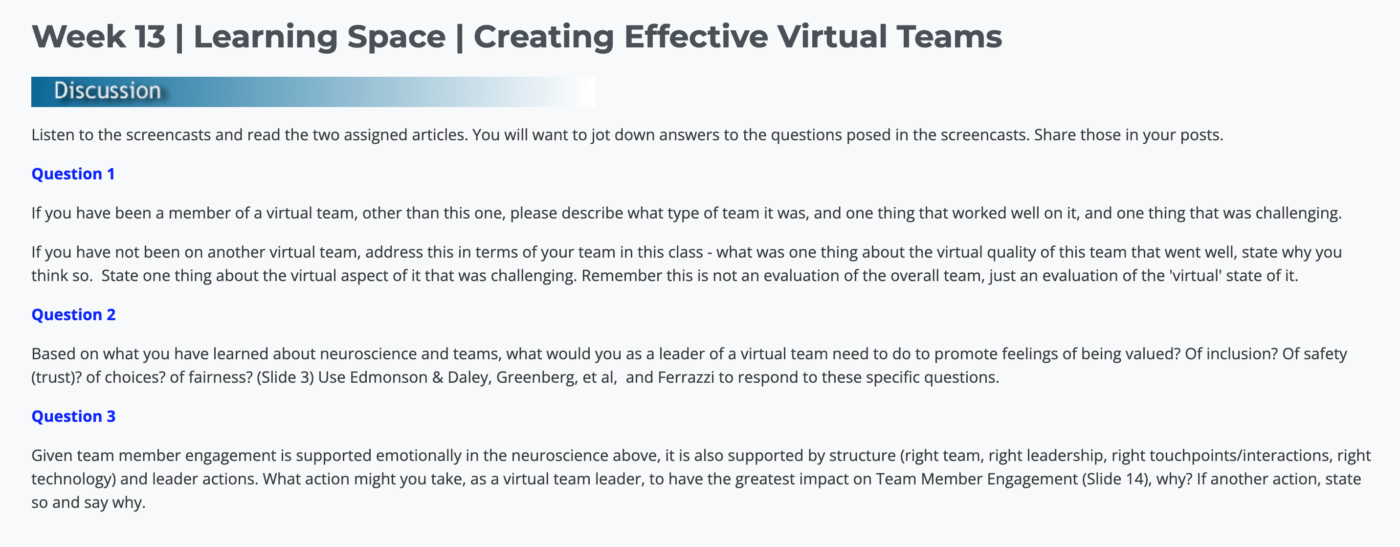 Week 13 | Learning Space | Creating Effective Virtual Teams IS
