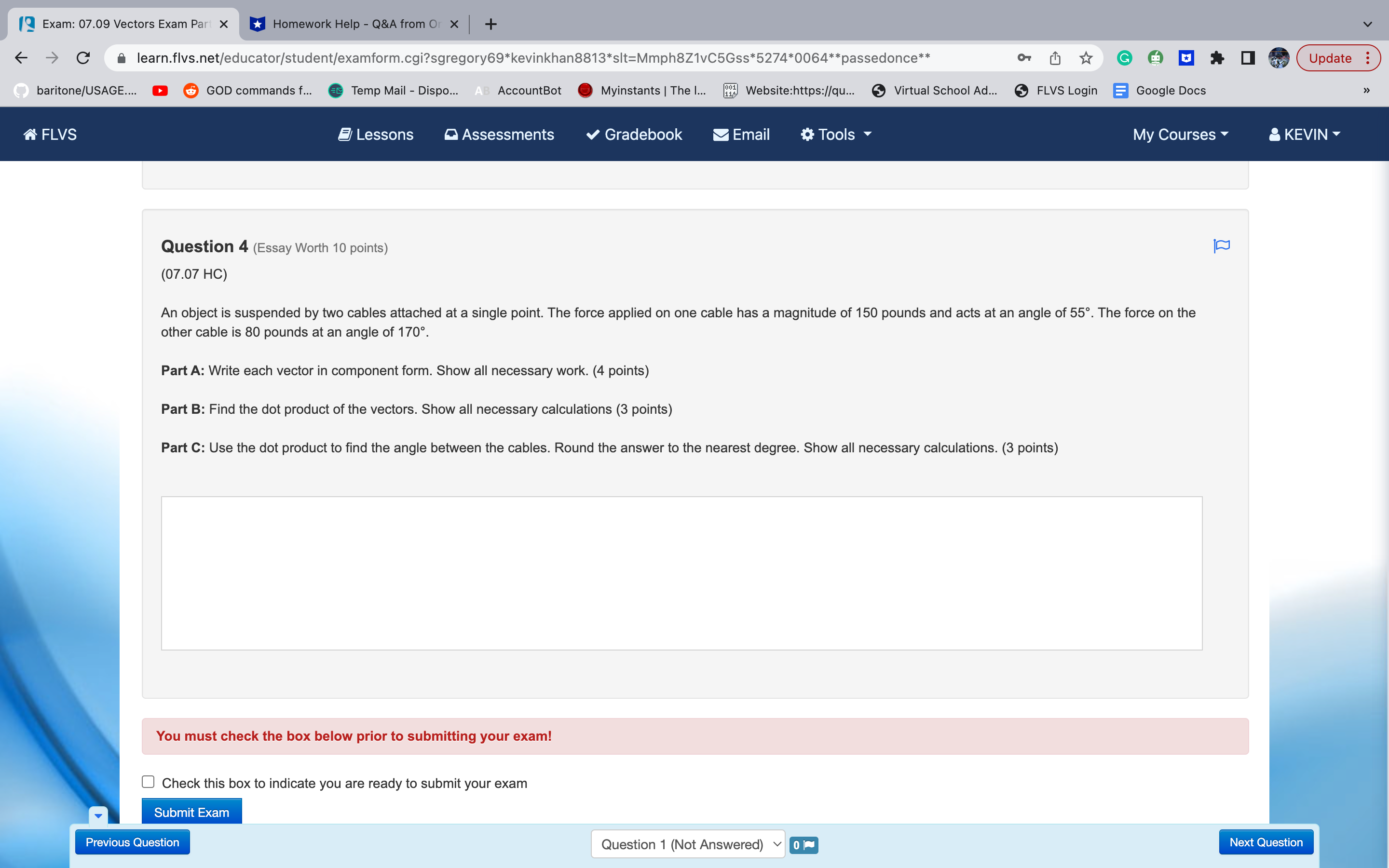  19 Exam: 07.09 Vectors Exam Part X Homework Help - Q&A