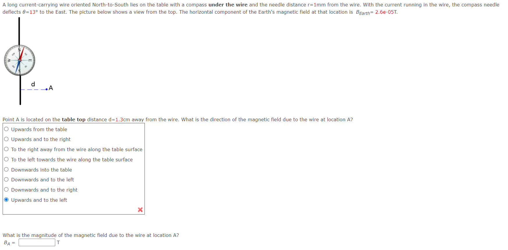 wire. With the current running in the wire, the compass needle deflects